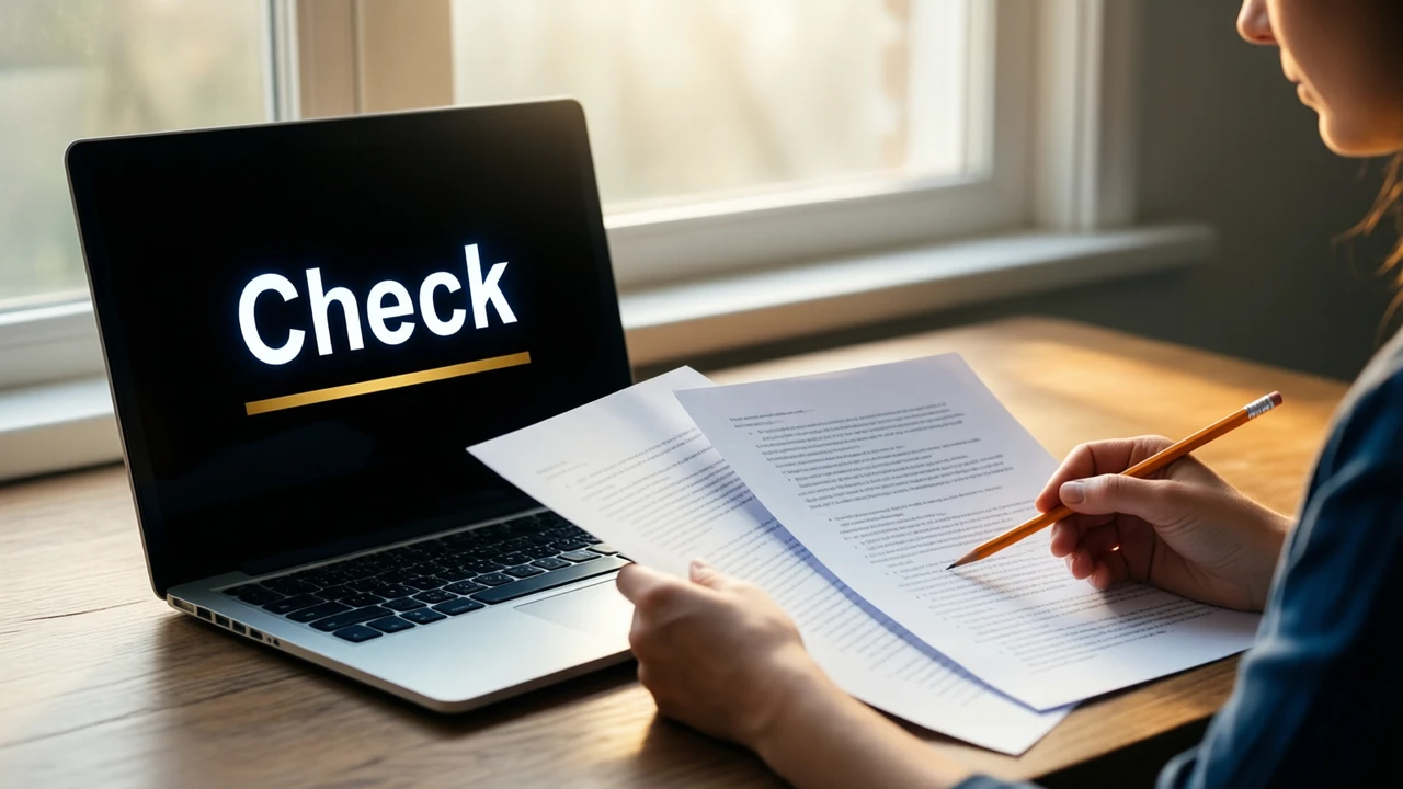A woman at a desk by a window in the morning comparing two printed sheets of paper with a pencil in her hand, a laptop open beside her with its screen almost black and the large white word "Check" above a short gold line