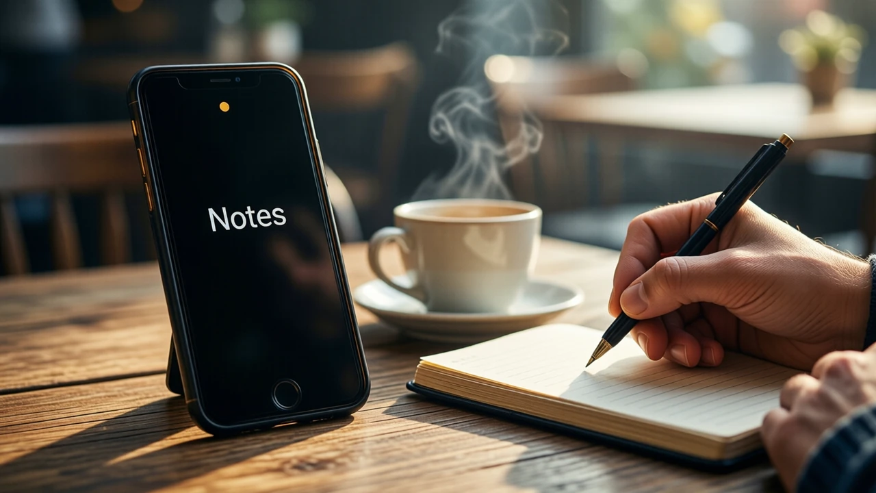 A woman writing in a ruled notebook at a café table in the afternoon, her phone standing upright beside the notebook, the phone screen almost black with the short white word "Notes" placed small and well inside the screen edges above a small gold dot
