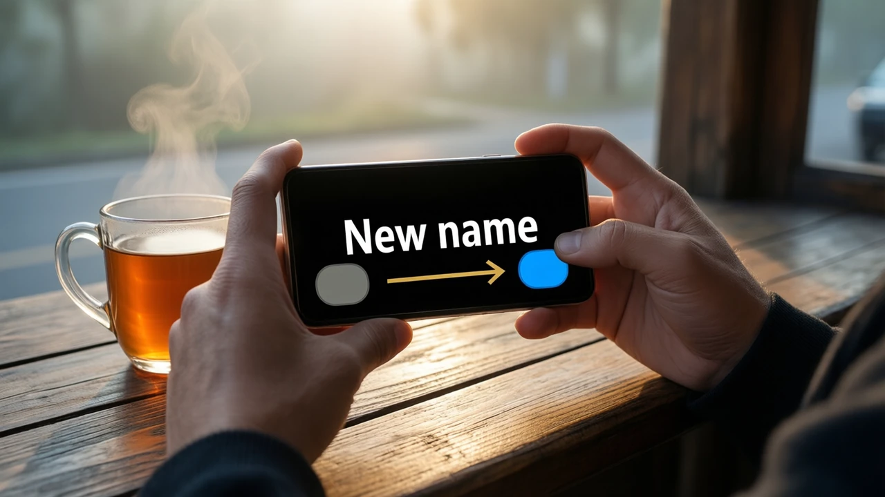 A man on a wooden bench at a roadside tea stall in the morning holding his phone toward the camera, the phone screen almost black with a dim grey rounded tag on the left, a short gold arrow and a bright blue rounded tag on the right, the large white words "New name" above them, a glass of tea steaming beside him.