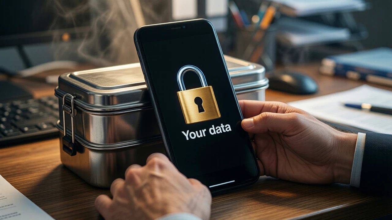 A phone propped against a steel tiffin box on an office desk at lunchtime, the whole phone screen plain black from edge to edge apart from a large gold padlock and the white words "Your data" under it