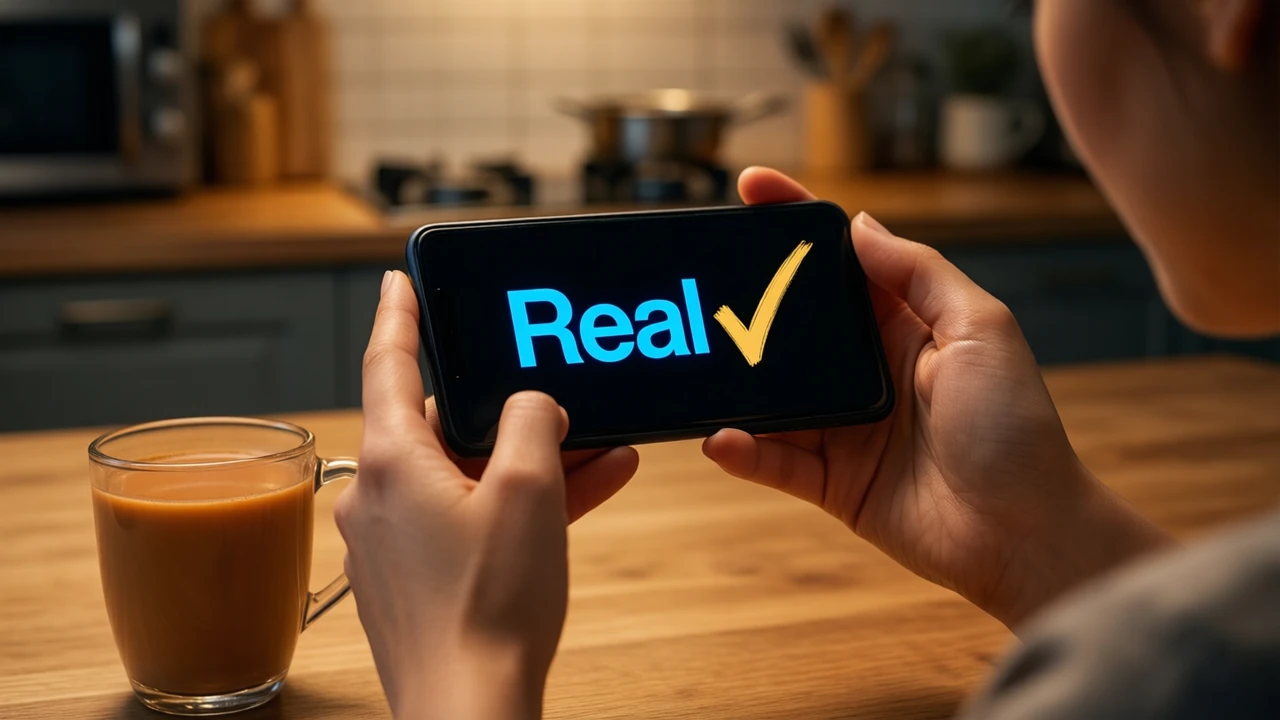 A woman at a kitchen table in the evening, a cup of chai beside her, looking at her phone held in both hands, the phone screen almost black with the single large bright blue word "Real" and a bold gold tick mark drawn right after it, warm kitchen light.