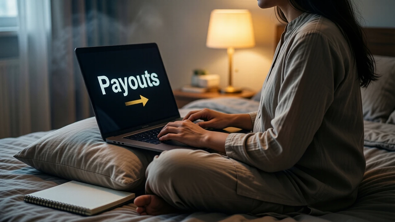 A woman in a long plain cotton kurta seen from the side, sitting cross-legged on a bed with a laptop on a pillow on her own lap and her own hands on its keys, a notebook at her side, the laptop screen almost black with the large white word "Payouts" above a short gold arrow, soft evening lamp light.