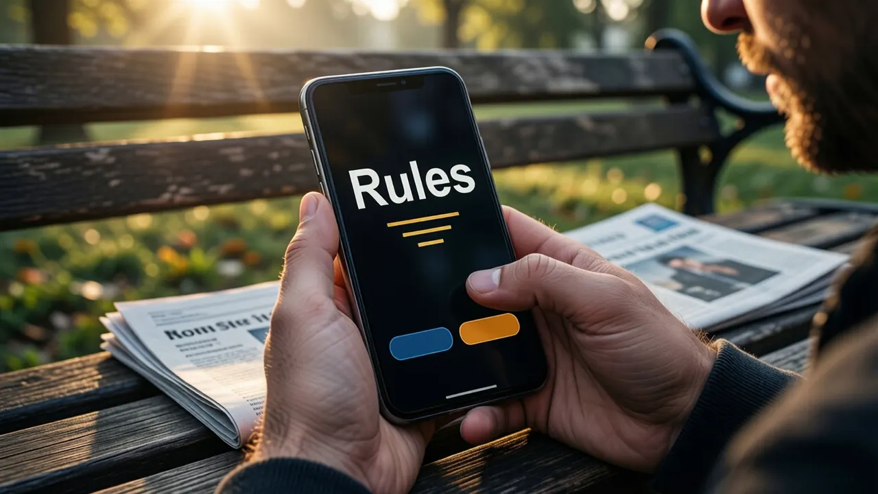 A man reading his phone on a park bench at dawn with a folded newspaper beside him, the phone screen almost black with the large white word "Rules" at the top and three short gold lines under it