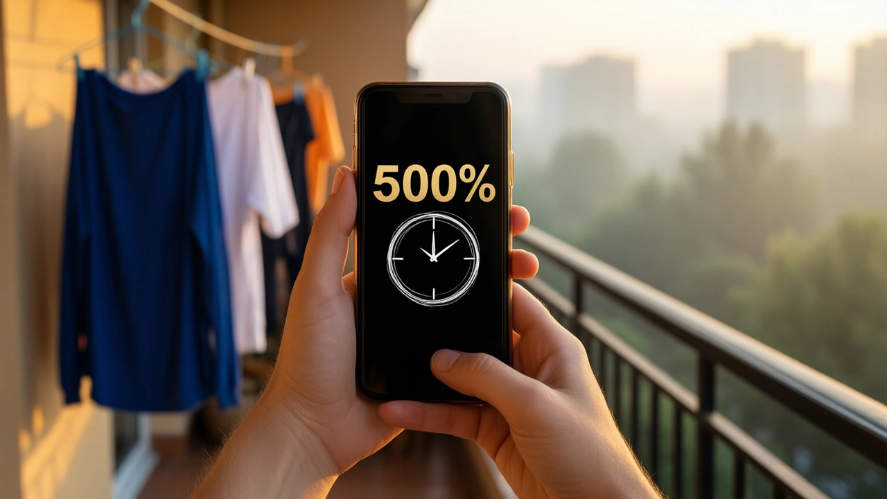 A young woman on a balcony with drying laundry behind her in the late afternoon, holding her phone at arm's length, the phone screen almost black with the large gold number "500%" printed flat above a thin white circle drawn like a clock face